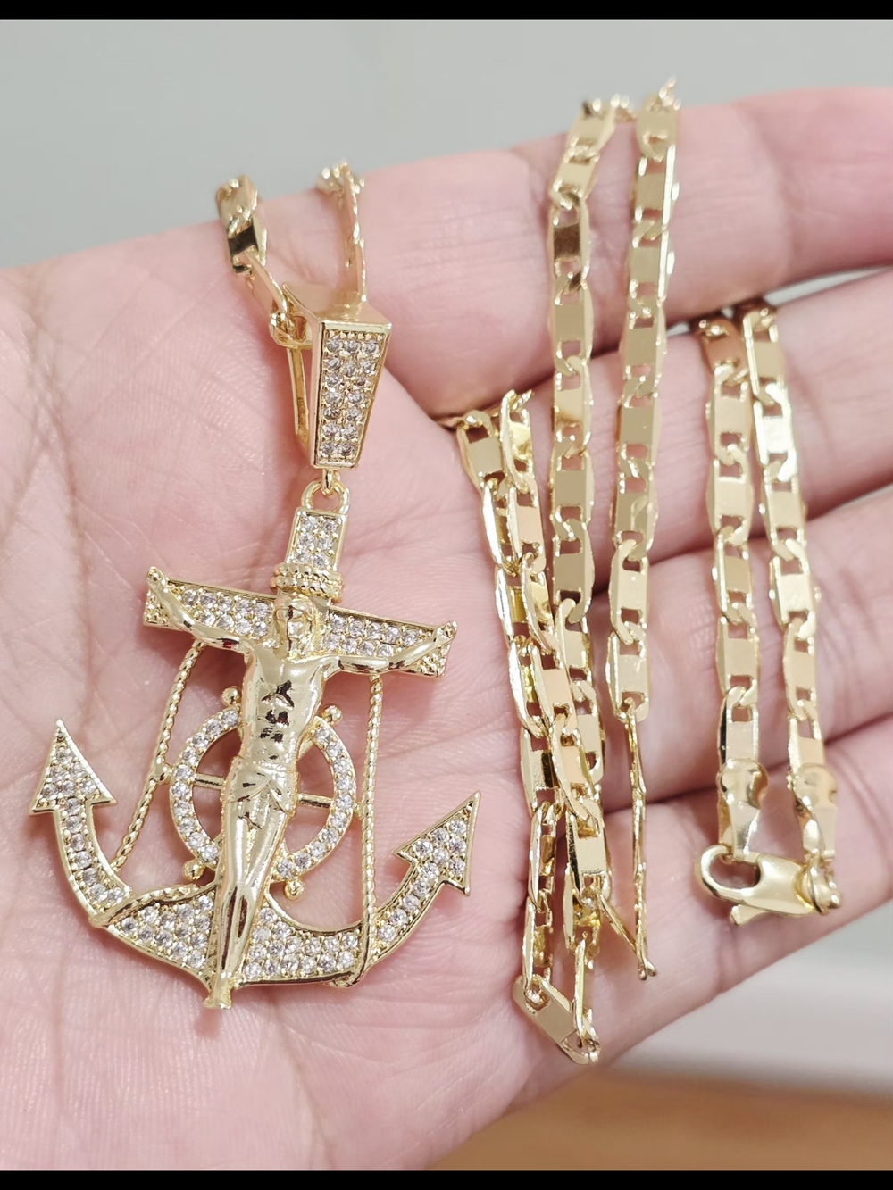 Gold Anchor Cross Pendant Necklace with CZ Accents - Gold Chain